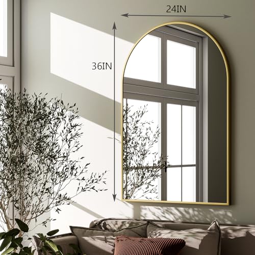 HARRITPURE Arched Wall Mirror – 24"x36" Arch Bathroom Mirror, Gold Metal Frame Vanity Mirrors for Bedroom, Entryway, Living Room Home Decor