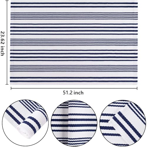 Blue and White Outdoor Rug 24'' x 51''Front Porch Rug Hand-Woven Machine Washable Indoor Layered Door Mats for Entryway/Bedroom