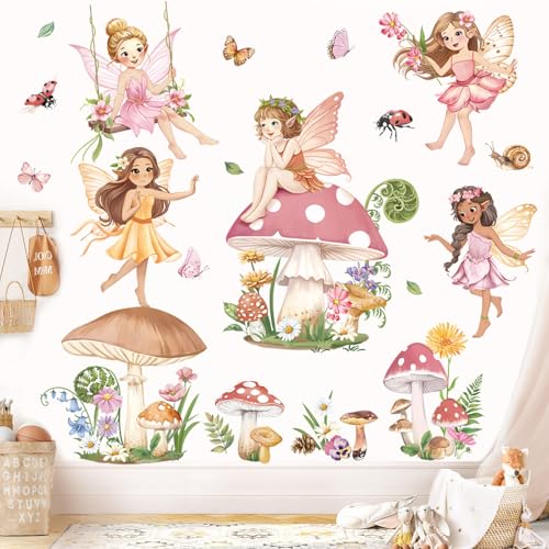 decalmile Pink Fairy Girls Wall Decals Large Mushroom Flower Butterfly Wall Stickers Girls Bedroom Baby Nursery Kids Room Wall Decor