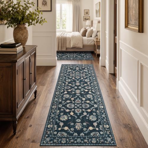 jinchan 3x8 Traditional Floral Rug, Washable Runner Rug, Midnight Blue