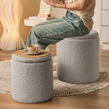 Round Ottoman with Storage Set of 2 Gray Sherpa Vanity Stool