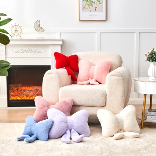 Pink Bow Pillow,12'' Bow Shaped Pillow with Faux Rabbit Fur,Soft Bow Throw Pillows Aesthetic Bow Decorative Pillows for Bed Sofa Couch Home Decor