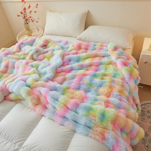 LIFEREVO Fluffy Faux Rabbit Fur Bubble Throw, Rainbow Plush Shaggy Blanket for Couch Sofa Chair, Soft Cute Tie Dye Furry Blanket Adults Kids Girls, Fuzzy Throw for Bedroom Living Room, 50x60, Rainbow