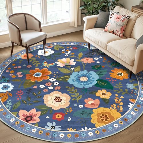 RELEANY Floral Washable Round 8ft Area Rug Blue/Grey