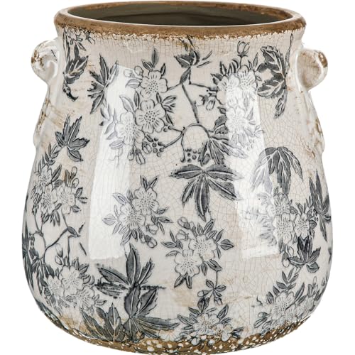 Ceramic Scroll Planter 6.5 Inch Chinoiserie Floral Vase with Drainage Holes Vintage Flower Vase Flower Pot Rustic Ceramic Pots for Indoor Plants Garden Home Bookshelf Decor(Retro Gray)