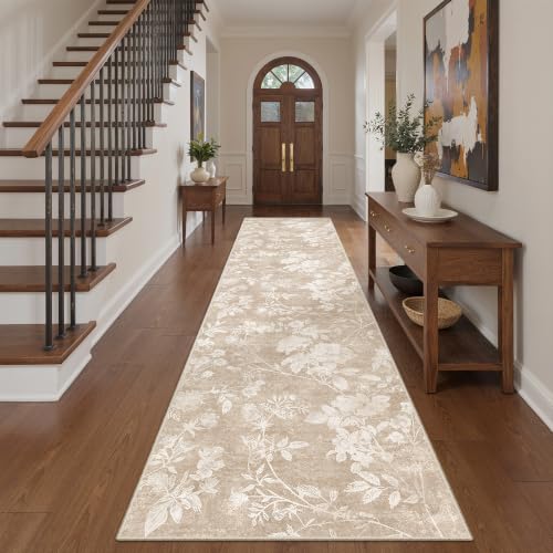 Soalmost Floral Runner Rug 2.5x10 for Hallway,Washable Soft Neutral Rug Tan