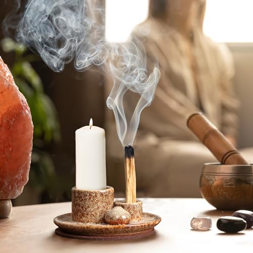 4 in 1 Ceramic Incense Burner, Sage Holder for Burning Bowl, Palo Santo Holder, Incense Holder for Sticks, Smudge Stick Holder(Brown)