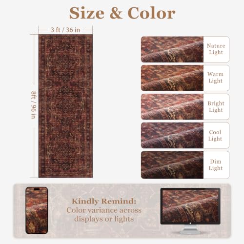 Washable Hallway Runner Rug 3'x8', Vintage Medallion, Dark Red