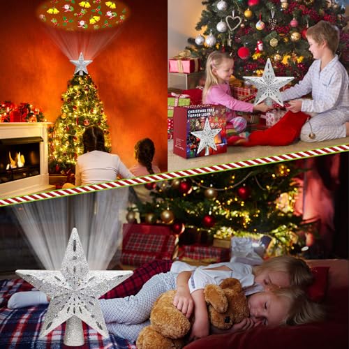 Tsorode Christmas Tree Topper Lighted,Star Tree Topper with Projector Built-in LED Rotating Lights with 6 Projection Modes,3D Glitter Dynamic Projection Christmas Decorations (Silver)