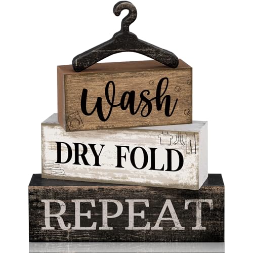Moucuny 4 Pcs Farmhouse Laundry Room Decor Stacked Blocks, Wash Dry Fold Repeat Wooden Sign Set with Vintage Hanger - Rustic Home Shelf Decor for Laundry Area Housewarming Gift