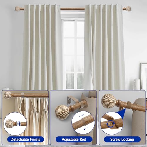 Wood Curtain Rods for Windows: 1 Inch Diameter Adjustable Drapery Rods 72" to 144", Heavy Duty Window Rod with Imitation Wood Grain Leaf Pattern Finials