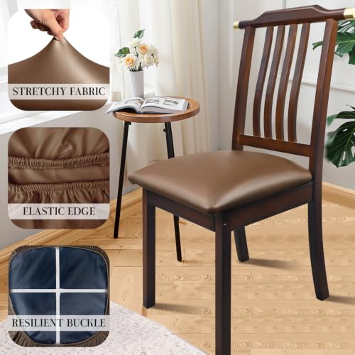 Pu Leather Dining Chair Seat Covers Set of 6, Waterproof Dining Seat Covers Stretch Chair Covers for Dining Chairs/Kitchen Room/Hotel, Odorless Seat Covers for Kitchen Chairs (Light Brown- 4 PCS)