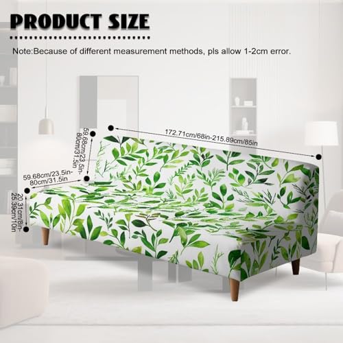 GLENLCWE Green Watercolor Leaves Armless Futon Cover Elastic Bottom Non-Armrest Couch Slipcover Washable Foldable Furniture Protector Fresh Natural Leaf Pattern for Living Room Loveseats