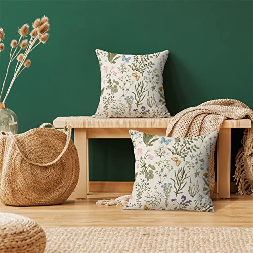 AEIOAE Spring Pillow Covers 18x18 Inch Set of 2,Sage Green Wild Flower Plant Throw Pillows Case,Seasonal Floral Outdoor Decorative Square Linen Farmhouse Decor Cushion Covers for Home Sofa Bed Couch