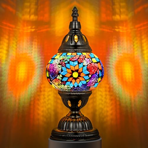 Marrakech Turkish Table Lamp with Bronze Base，Handmade Colorful Moroccan Tiffany Style Mosaic Glass Night Stand Light Fixture Including LED Bulb for Living Room Bedroom Decor (Multi-Colored)