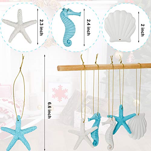 30 Pieces Beach Christmas Ornaments Bulk Tree Decorations Resin Starfish Seashells Seahorse Ocean Nautical Themed Hanging with Drilled Hole Rope for Wedding Gift Wreath Decor DIY(Blue, White)