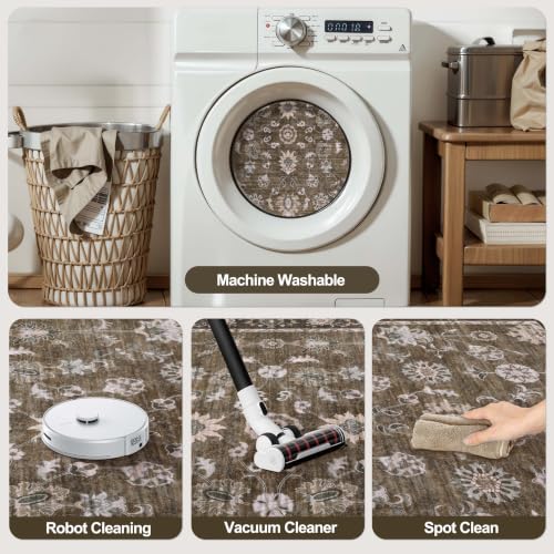 Tangsoo 3x5 Washable Rug,Vintage Brown Floral Throw Entryway Rugs Non Slip