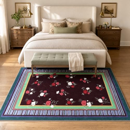 GarveeHome Brown 5x7 Area Rug, Vintage Floral Design, Machine Washable Low Pile Rug, Lightweight Non Slip, Soft Carpet for Living Room Bedroom Dining Room Nursery