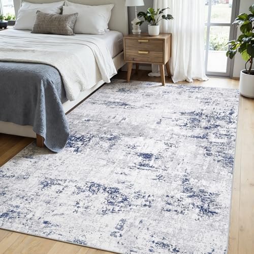 6x9 Area Rugs for Living Room Large Washable Abstract Rug Night Blue/Grey