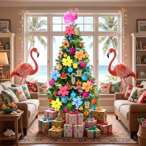 Seenelling 65 Pcs Summer Christmas Tree Ornaments July Christmas Tree Topper Pink Flamingo Wooden Hanging Decoration Ribbon and Faux Flowers for Xmas Luau Tropical Party Beach Decor Supplies Holiday
