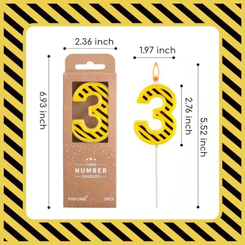 PHD CAKE 2.76 Inch Number 3 Construction Birthday Candles, Yellow and White Stripes Number Candles, Cake Number Candles, Party Celebration, Style Candle