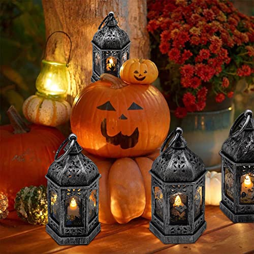 5" Mini Lanterns with Halloween Pattern Glass & Flickering LED Candles for Halloween Decorations, Small Lantern Decorative for Table Centerpiece Party Decor, 8Pack, Hanging Candle Holder Ornaments