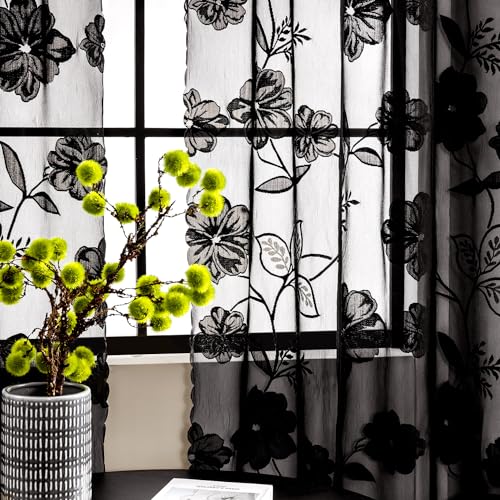 Treatmentex Black Sheer Lace Curtains for Bedroom Living Room Studio 84inch Long Vintage Rose Floral Embroidered Semi Sheer Curtain Panels Privacy Leaf Sheer Drapes with Scalloped Edge 54" w 2pcs 7ft