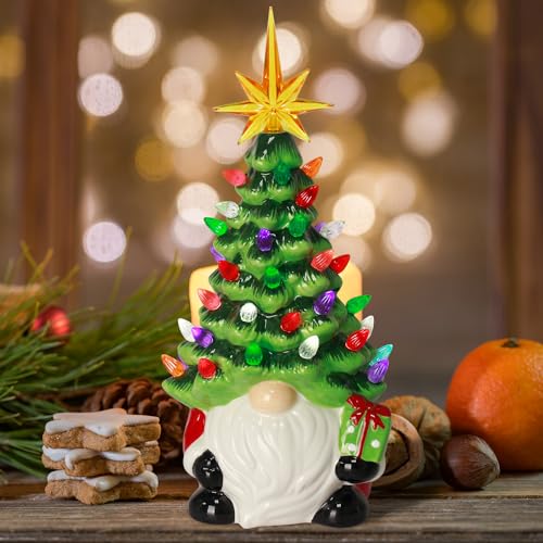Gnomes Christmas Decorations - 12" Lighted Up Gnomes Ceramic Christmas Tree with 46 Multicolored Lights - Mini Pre-lit Hand-Painted Xmas Tree Decor for Home Indoor