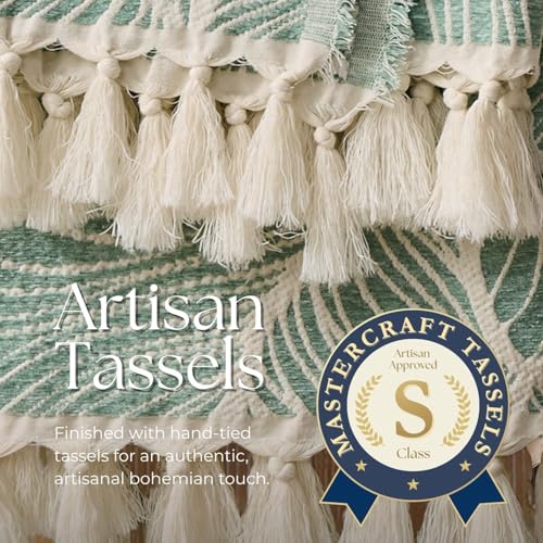 DOWN HOME Chenille Cotton Throw Blanket for Couch, Lightweight Boho Blanket for Bed Sofa Chair Living Room Outdoor Soft Woven Decorative Blanket with Tassel Gift Green Leaves 55"x60"
