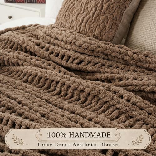 Battilo Chunky Knit Throw Blanket for Couch, Hand Made Chenille Throw Blanket, Super Soft Warm Cozy Taupe Blanket for Bed, Sofa, Living Room, 50"x60"