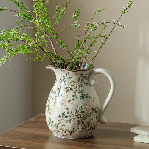 Ceramic Flower Vase | Green Rustic Farmhouse Pitcher Vase for Home Decor, Vintage Floral Tuscan Decorative Vase for Living Room & Kitchen, Mantel & Bookshelf, Centerpieces, Entryway, Wedding(8 Inch)
