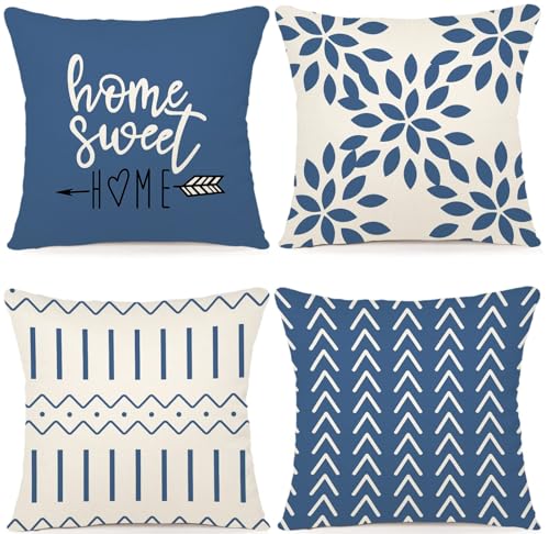 YCOLL Pillow Covers 18x18 Set of 4, Modern Sofa Throw Pillow Cover, Decorative Outdoor Linen Fabric Pillow Case for Couch Bed Car，Light Blue