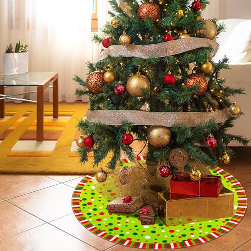 Christmas Tree Skirt 48 Inches, Velvet Stripes Trimmed Tree Skirt with Red Green White Polka Dots Design for Holiday Party Decor