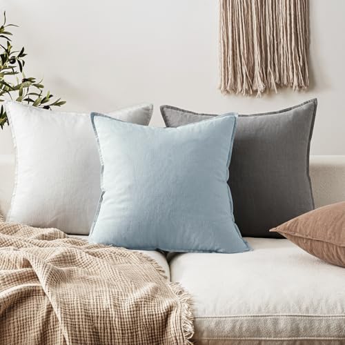 EMEMA Decorative Linen Throw Pillow Covers 20x20 Inch Light Blue