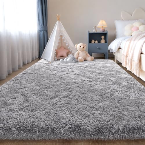 Zentavio Area Rugs for Living Room Grey Rugs for Bedroom 4x6 Carpet Fluffy Furry Soft Shag Aesthetic Plush High Pile Gray Throw Rug for Nursery Kids Room Dorm