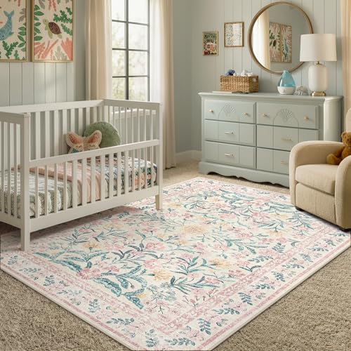 Washable Area Rug 6x9, Pink Boho Floral Rugs for Bedroom Girls, Soft Low-Pile Indoor Nursery Carpet for Living Room Dining Room Playroom Dorm Kids Room Decor