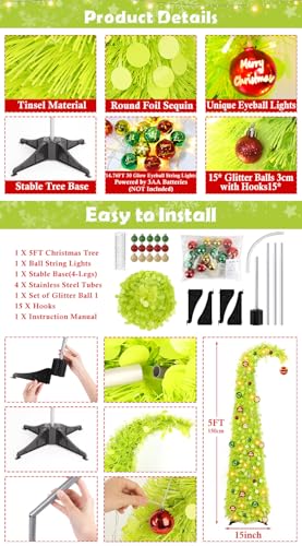 MACTING Whimsical Christmas Tree with Ball String Lights 5FT Green Pop Up Curved Tree with 15 Ball Lights & Hanging Ornaments Collapsible Tinsel Tree for Apartment Porch Indoor Xmas Halloween Decor