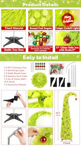 MACTING Whimsical Christmas Tree with Ball String Lights 5FT Green Pop Up Curved Tree with 15 Ball Lights & Hanging Ornaments Collapsible Tinsel Tree for Apartment Porch Indoor Xmas Halloween Decor