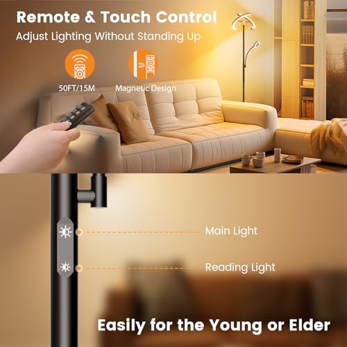LED Floor Lamp for Living Room - Modern Standing Lamp with Reading Light, Remote Touch Control Floor Light Dimmable Mother-Daughter Tall Bedroom Lamp for Couch Office, 29W, Black
