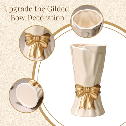 Bow Vase, White Flower Vase for Home Decor, White Ceramic Vases for Boho Style, 9.3 Inch Large Vases for Ideal Shelf/Table/Living Room Decor, Mother‘s Day Gifts