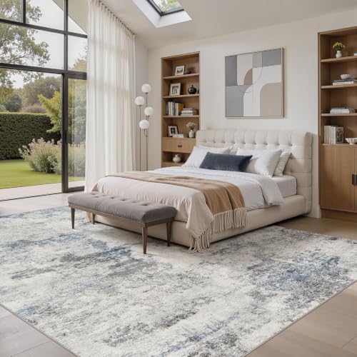 DMOYEST 8x10 Area Rug for Living Room, Washable & Non Slip Large Indoor Carpet, Kid & Pet Friendly Soft Thin Low Pile Abstract Rug for Bedroom and Office - Grey Blue