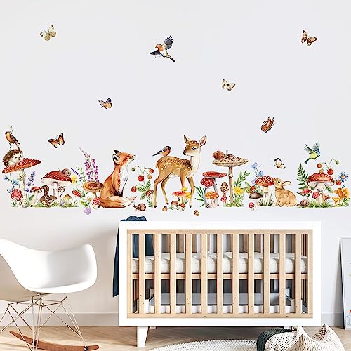 wondever Woodland Animal Wall Stickers Mushroom Deer Fox Peel and Stick Wall Decals for Kids Bedroom Baby Nursery