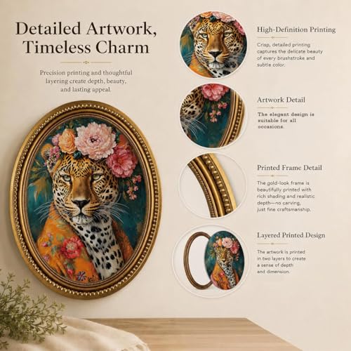 Regal Leopard Oval Wall Decor, Maximalist Leopard Oil Painting Style Wood Wall Art, Exotic Wildlife Wood Ornament for Desk Living Room Bedroom, 11.2 x 9 Inch