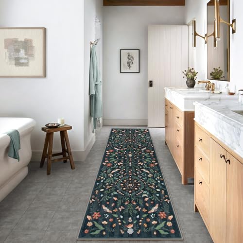 Lahome Washable Insect Botanical 2'6"x10' Runner Rug for Entryway - Machine Washable Non-Slip Hallway Runner Rug, Black Boho Low Profile Soft Faux Wool Carpets for Bedroom, Hallway, Laundry, Kitchen