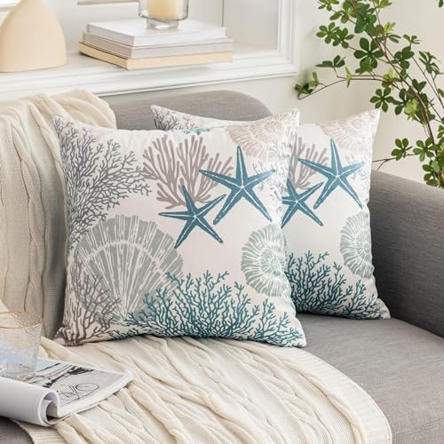 Tritard Nautical Coastal Throw Pillow Covers 18x18 Set of 2 Beach Themed Ocean Seashell Coral Starfish Velvet Couch Decorative Pillow Cases Outdoor Sofa Cushion Cover for Bedroom Living Room, Blue