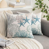 Tritard Nautical Coastal Throw Pillow Covers 18x18 Set of 2 Beach Themed Ocean Seashell Coral Starfish Velvet Couch Decorative Pillow Cases Outdoor Sofa Cushion Cover for Bedroom Living Room, Blue