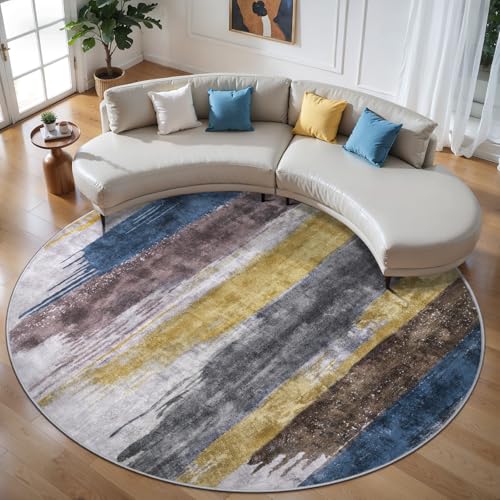 6ft Round Rugs for Living Room, Modern Abstract Washable Rug Yellow