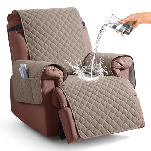 KinCam 100% Waterproof Recliner Chair Cover, Reclining Couch Covers for Pets, Dogs, Recliner Couch Slipcover Furniture Protector with Elastic Straps for Kids(23.6", Taupe)