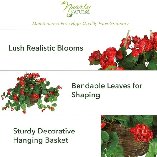 Nearly Natural 24in Artificial Geranium Hanging Basket Faux Floral Plant for Indoor Home Porch Decor, Red
