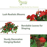 Nearly Natural 24in Artificial Geranium Hanging Basket Faux Floral Plant for Indoor Home Porch Decor, Red